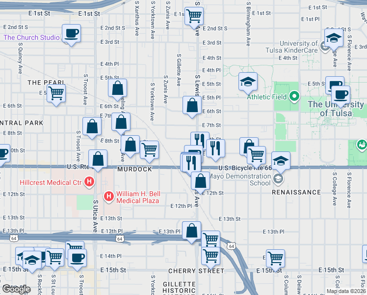 map of restaurants, bars, coffee shops, grocery stores, and more near 2224 East 10th Street in Tulsa