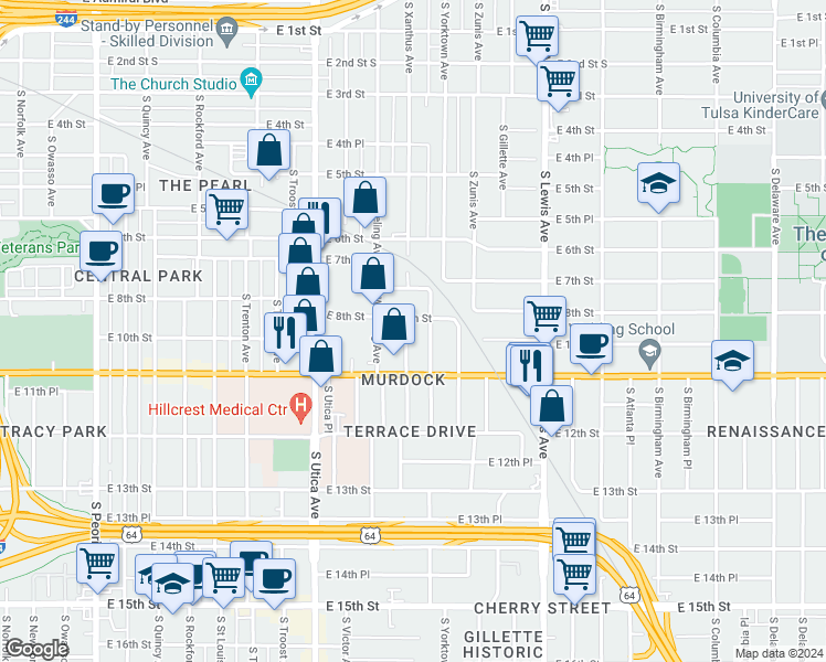 map of restaurants, bars, coffee shops, grocery stores, and more near 832 South Xanthus Avenue in Tulsa