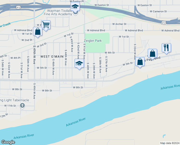map of restaurants, bars, coffee shops, grocery stores, and more near 541 South 40th West Avenue in Tulsa