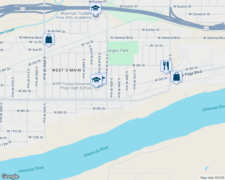 map of restaurants, bars, coffee shops, grocery stores, and more near 541 South 40th West Avenue in Tulsa
