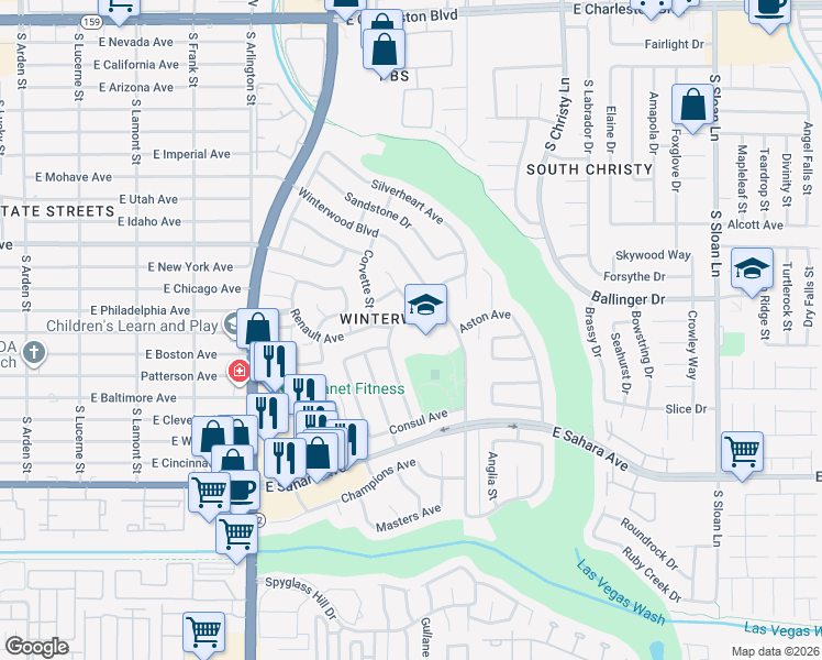 map of restaurants, bars, coffee shops, grocery stores, and more near 2001 Winterwood Boulevard in Las Vegas