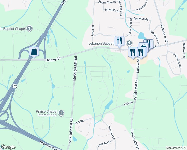 map of restaurants, bars, coffee shops, grocery stores, and more near 2217 Ram Road in Greensboro