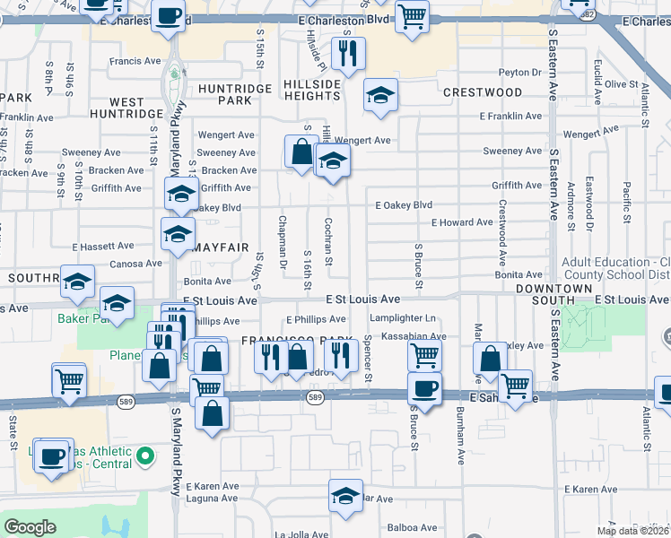 map of restaurants, bars, coffee shops, grocery stores, and more near 1624 Bonita Avenue in Las Vegas