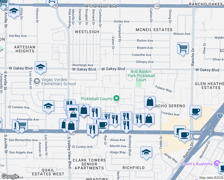 map of restaurants, bars, coffee shops, grocery stores, and more near 2112 Plaza Del Cerro in Las Vegas