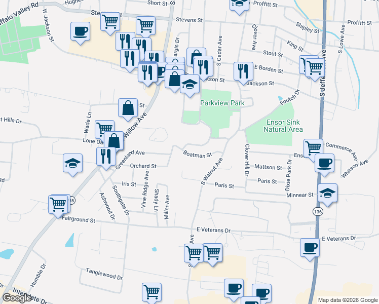 map of restaurants, bars, coffee shops, grocery stores, and more near 130 West Paris Street in Cookeville