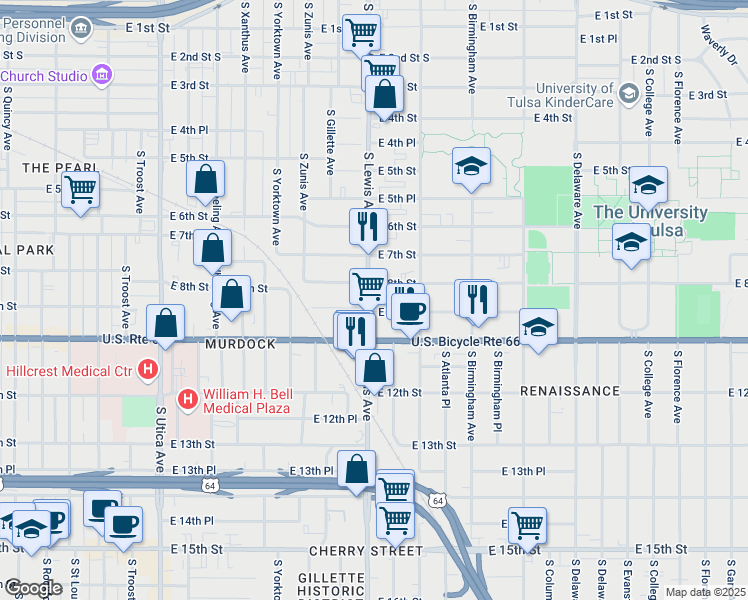 map of restaurants, bars, coffee shops, grocery stores, and more near 1005 South Lewis Avenue in Tulsa