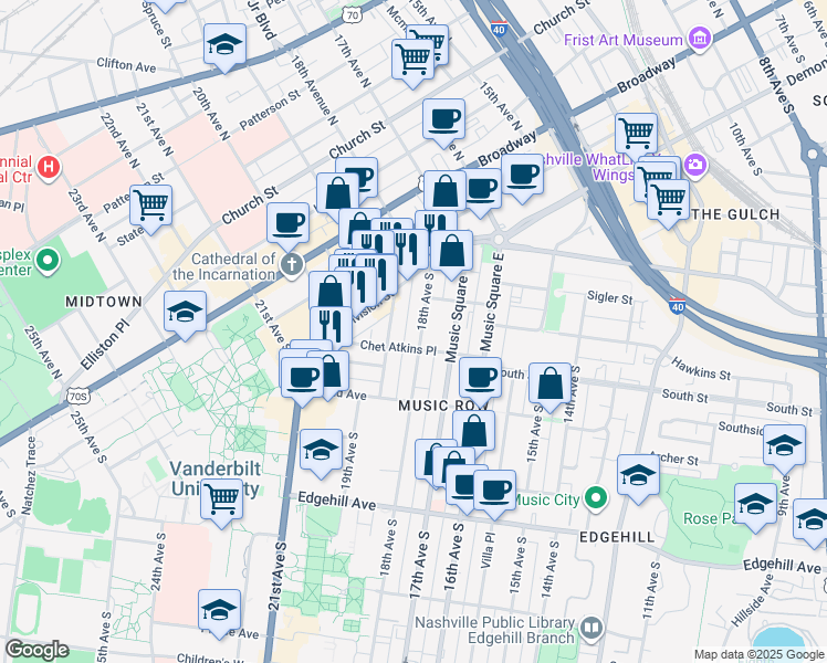 map of restaurants, bars, coffee shops, grocery stores, and more near 819 18th Avenue South in Nashville