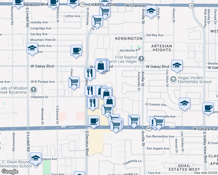 map of restaurants, bars, coffee shops, grocery stores, and more near 4732 O'Bannon Drive in Las Vegas