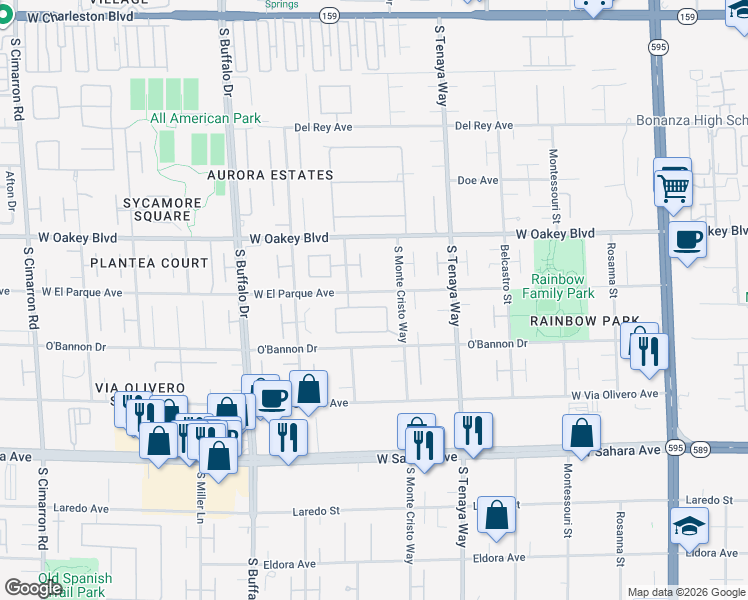 map of restaurants, bars, coffee shops, grocery stores, and more near 7418 Yonie Court in Las Vegas