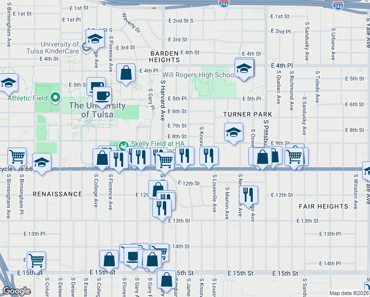 map of restaurants, bars, coffee shops, grocery stores, and more near 844 South Jamestown Avenue in Tulsa