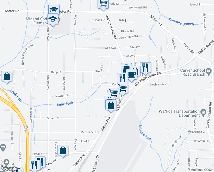 map of restaurants, bars, coffee shops, grocery stores, and more near 1130 Conley Street in Winston-Salem