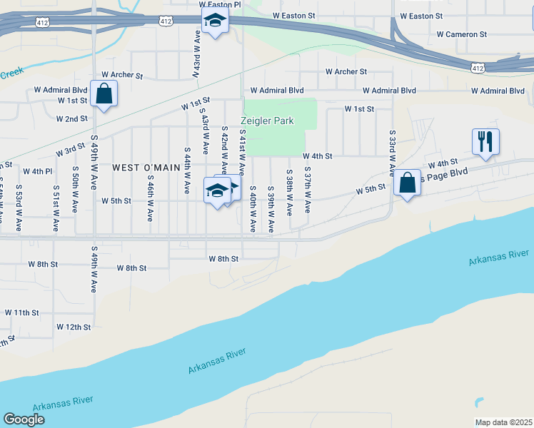 map of restaurants, bars, coffee shops, grocery stores, and more near 3927 West 5th Street in Tulsa
