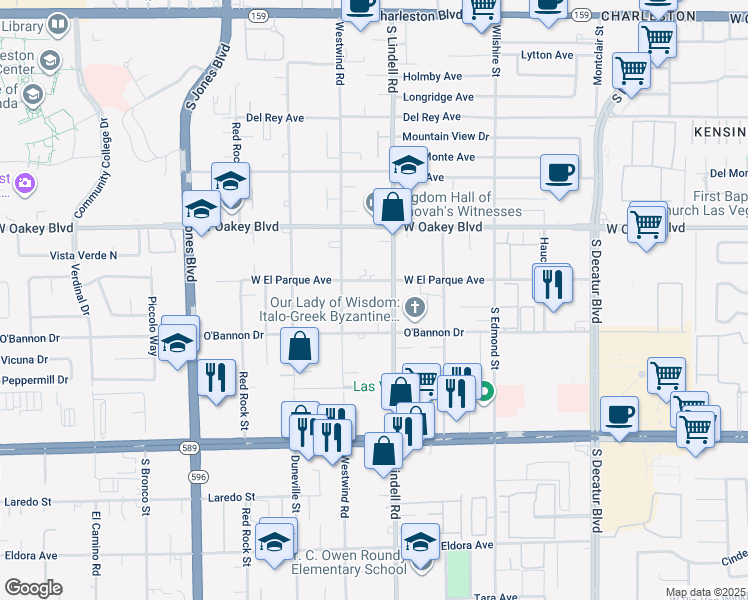 map of restaurants, bars, coffee shops, grocery stores, and more near 5585 West El Parque Avenue in Las Vegas