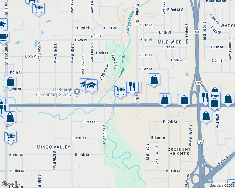 map of restaurants, bars, coffee shops, grocery stores, and more near 912 South 95th East Avenue in Tulsa