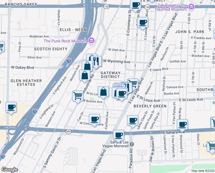 map of restaurants, bars, coffee shops, grocery stores, and more near 1818 Fairfield Avenue in Las Vegas
