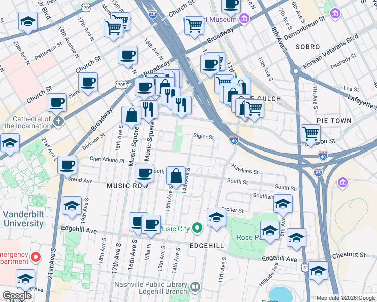 map of restaurants, bars, coffee shops, grocery stores, and more near 1401B Sigler Street in Nashville