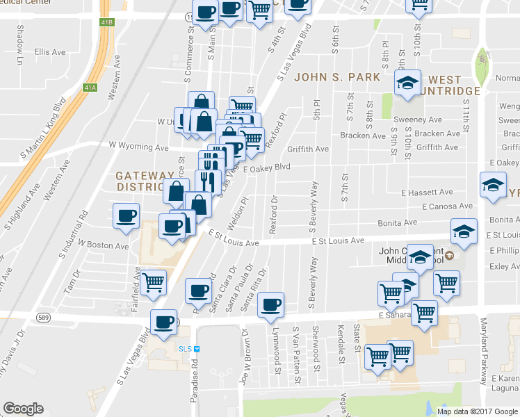 map of restaurants, bars, coffee shops, grocery stores, and more near 1727 Santa Paula Drive in Las Vegas