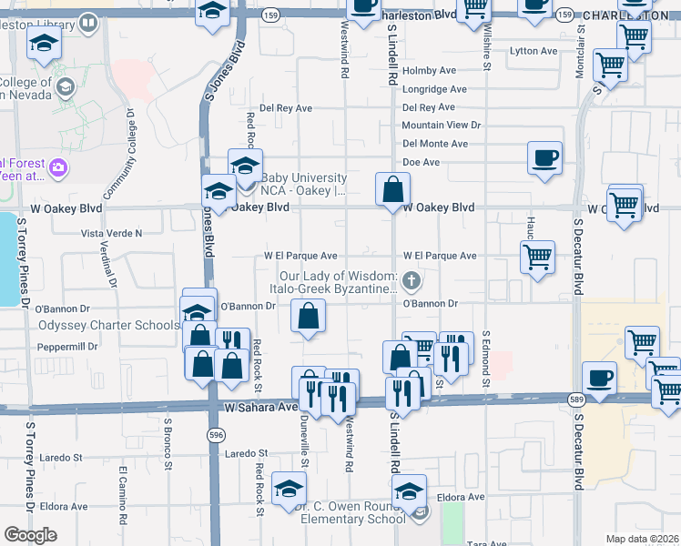 map of restaurants, bars, coffee shops, grocery stores, and more near 5701 West El Parque Avenue in Las Vegas