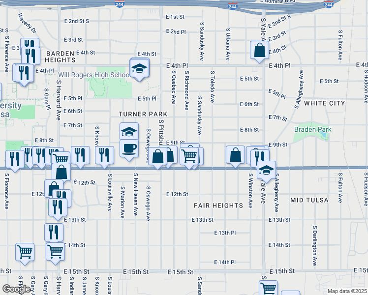 map of restaurants, bars, coffee shops, grocery stores, and more near 908 South Richmond Avenue in Tulsa