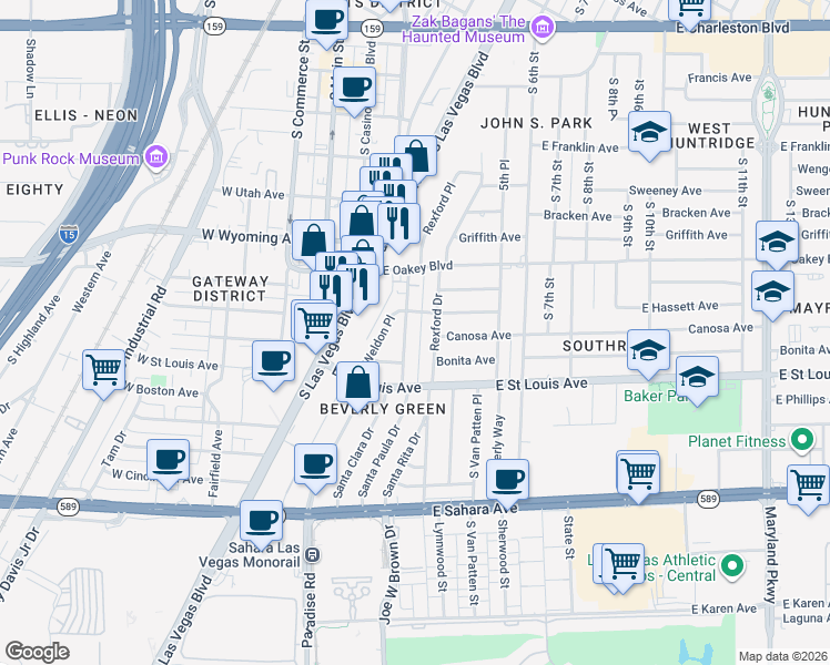 map of restaurants, bars, coffee shops, grocery stores, and more near 1821 Santa Paula Drive in Las Vegas