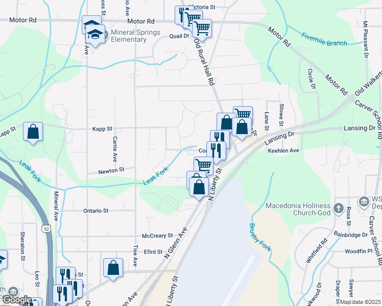 map of restaurants, bars, coffee shops, grocery stores, and more near 1133 Conley Street in Winston-Salem