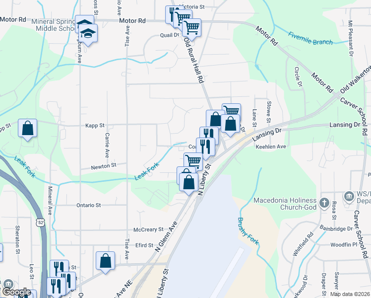 map of restaurants, bars, coffee shops, grocery stores, and more near 1133 Conley Street in Winston-Salem