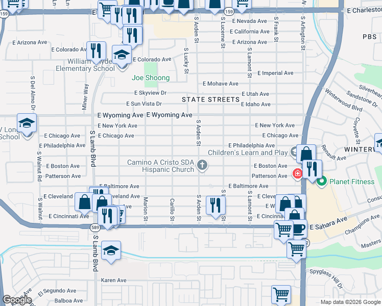 map of restaurants, bars, coffee shops, grocery stores, and more near 4540 East Philadelphia Avenue in Las Vegas