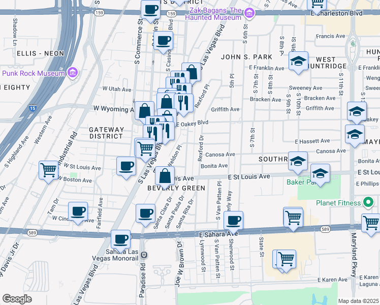 map of restaurants, bars, coffee shops, grocery stores, and more near 1727 Santa Paula Drive in Las Vegas