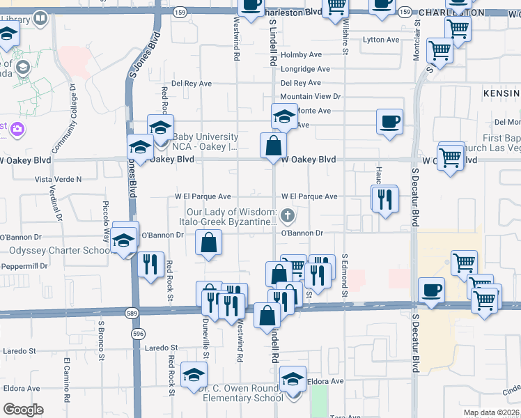 map of restaurants, bars, coffee shops, grocery stores, and more near 5585 West El Parque Avenue in Las Vegas