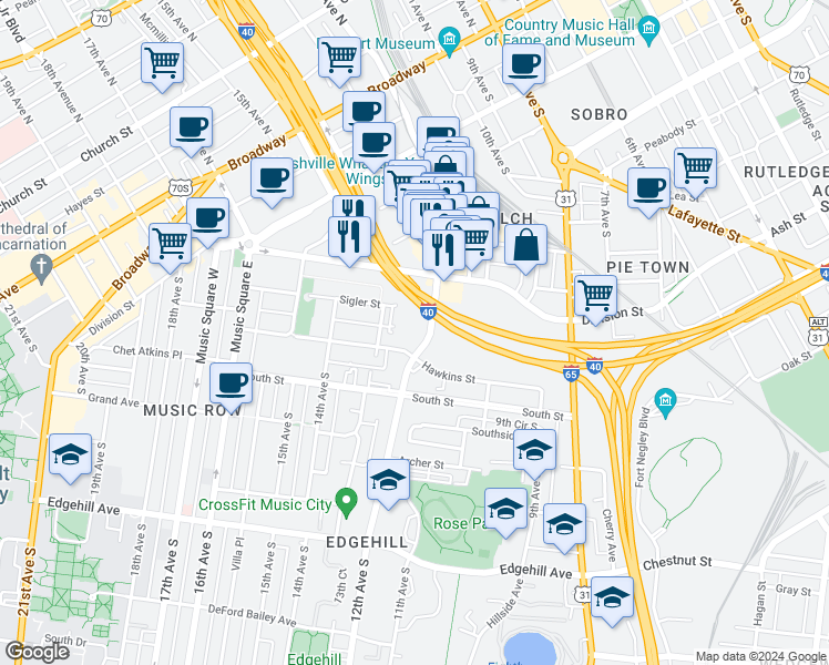 map of restaurants, bars, coffee shops, grocery stores, and more near 1113 Sigler Street in Nashville