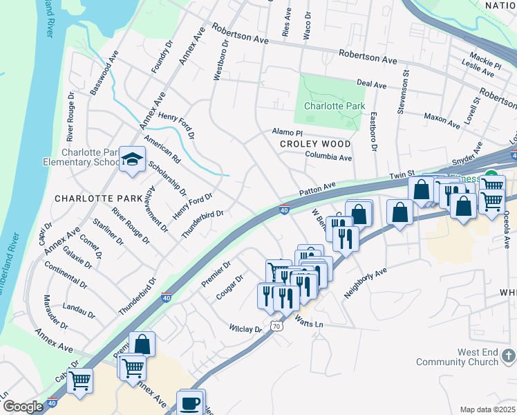 map of restaurants, bars, coffee shops, grocery stores, and more near 6325 Thunderbird Drive in Nashville