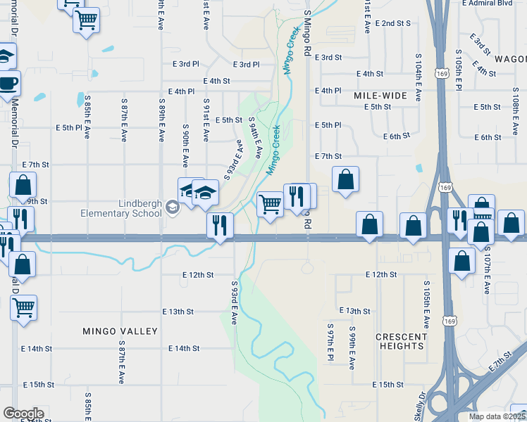 map of restaurants, bars, coffee shops, grocery stores, and more near 912 South 95th East Avenue in Tulsa