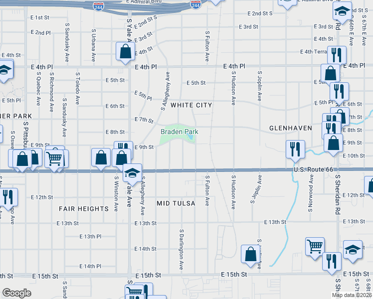 map of restaurants, bars, coffee shops, grocery stores, and more near 5302 E 9th St East Avenue in Tulsa