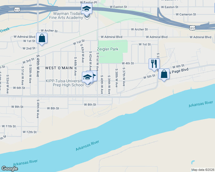 map of restaurants, bars, coffee shops, grocery stores, and more near 3927 West 5th Street in Tulsa