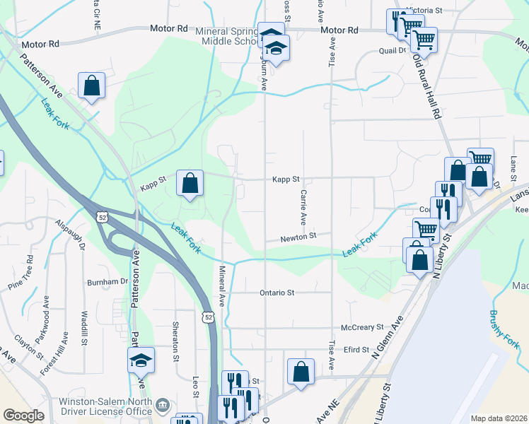 map of restaurants, bars, coffee shops, grocery stores, and more near 4346 Ogburn Avenue in Winston-Salem