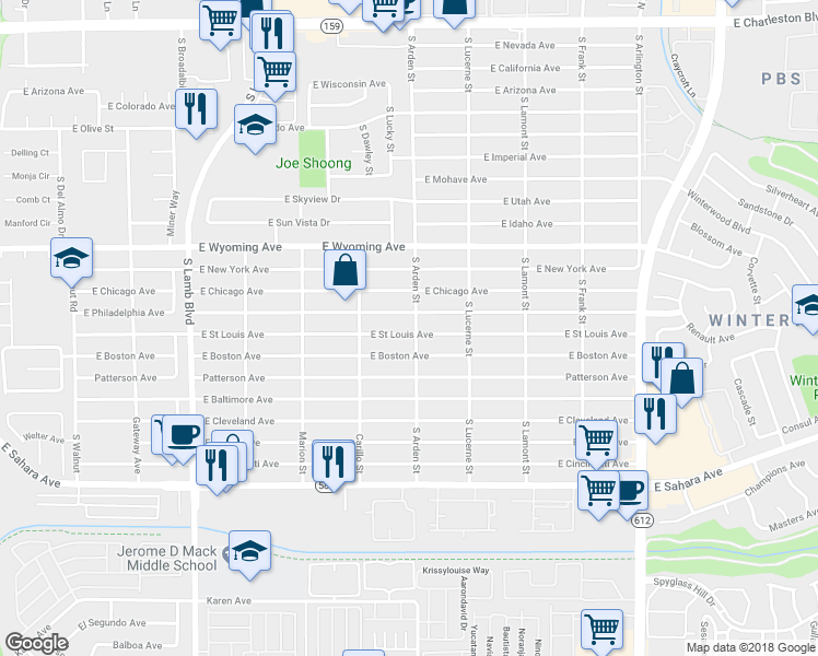 map of restaurants, bars, coffee shops, grocery stores, and more near 4590 East Saint Louis Avenue in Las Vegas