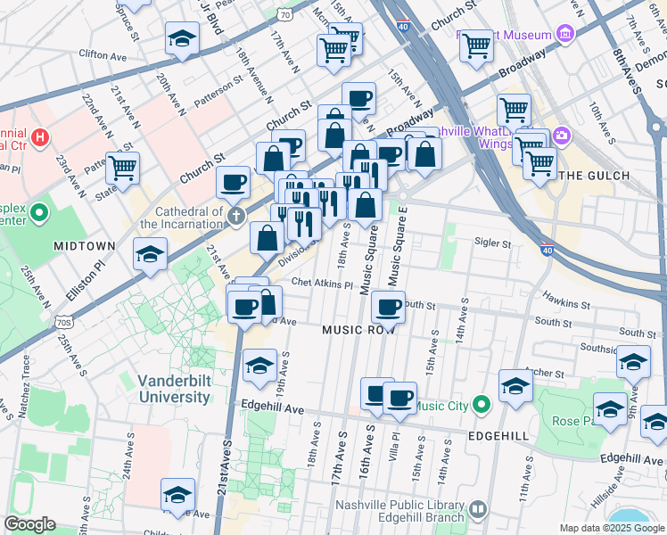 map of restaurants, bars, coffee shops, grocery stores, and more near 818 19th Avenue South in Nashville