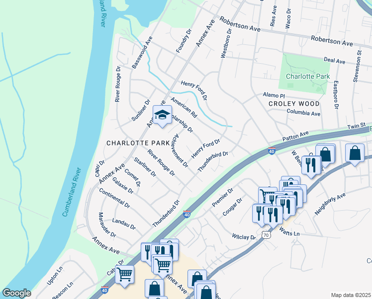 map of restaurants, bars, coffee shops, grocery stores, and more near 505 Foundation Court in Nashville