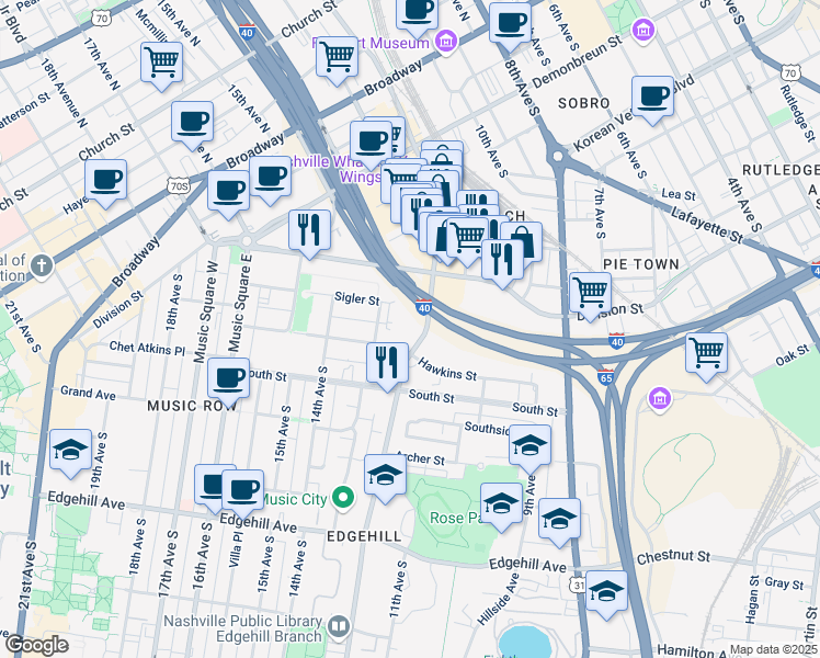 map of restaurants, bars, coffee shops, grocery stores, and more near 801 12th Avenue South in Nashville