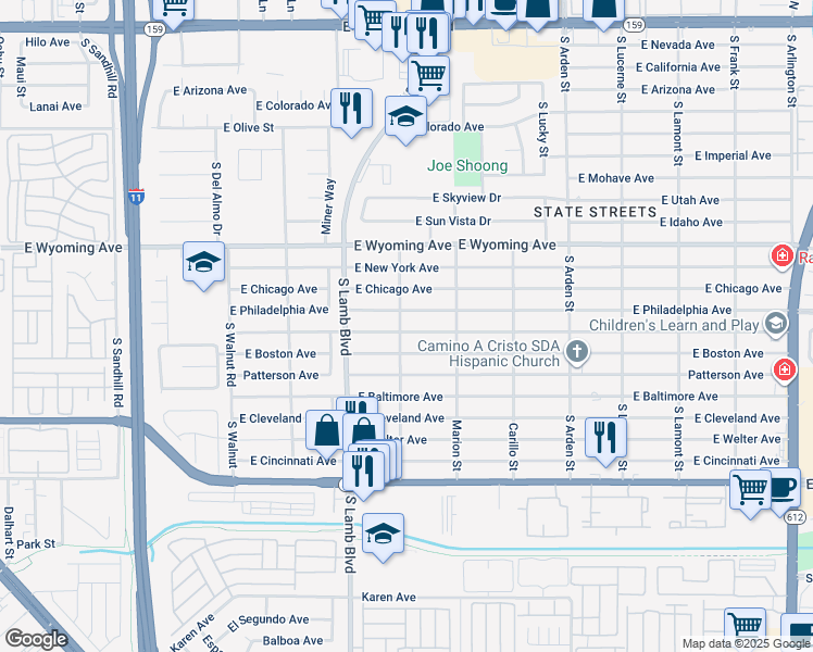map of restaurants, bars, coffee shops, grocery stores, and more near 4324 East Saint Louis Avenue in Las Vegas