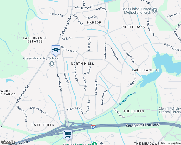 map of restaurants, bars, coffee shops, grocery stores, and more near 5408 Ropley Drive in Greensboro