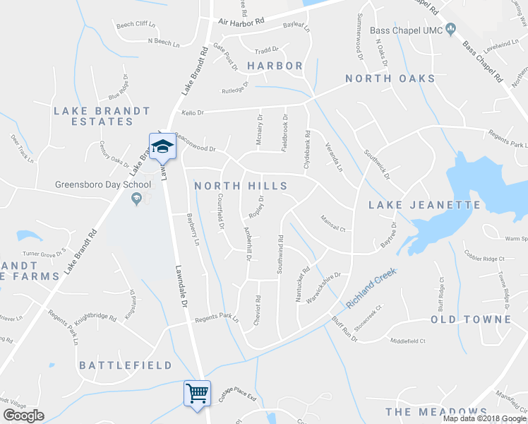 map of restaurants, bars, coffee shops, grocery stores, and more near 5408 Ropley Drive in Greensboro