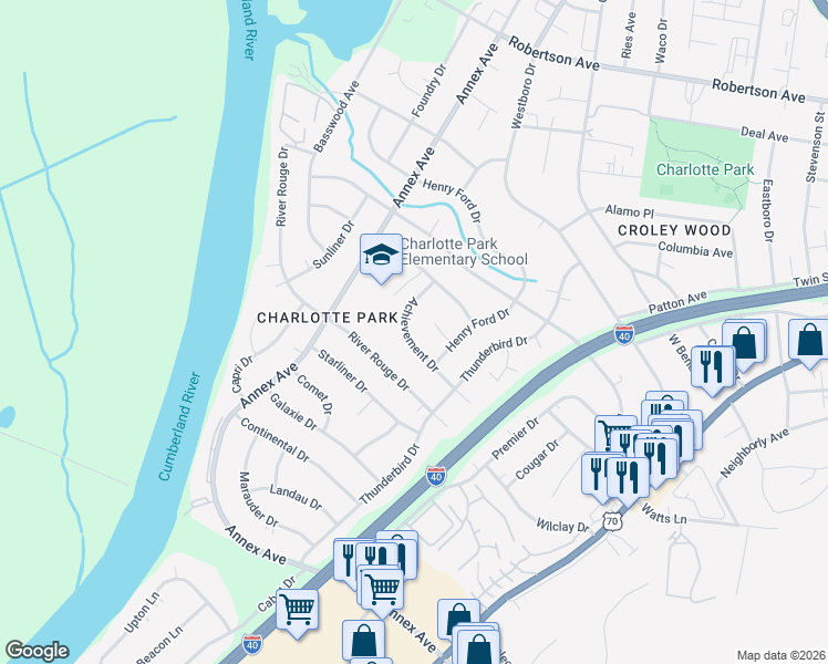 map of restaurants, bars, coffee shops, grocery stores, and more near 505 Foundation Court in Nashville