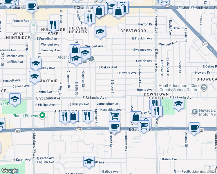 map of restaurants, bars, coffee shops, grocery stores, and more near 1732 Canosa Avenue in Las Vegas