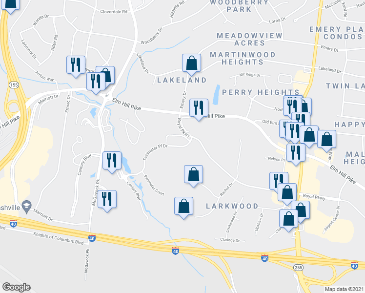 map of restaurants, bars, coffee shops, grocery stores, and more near 2505 Perimeter Place Drive in Nashville