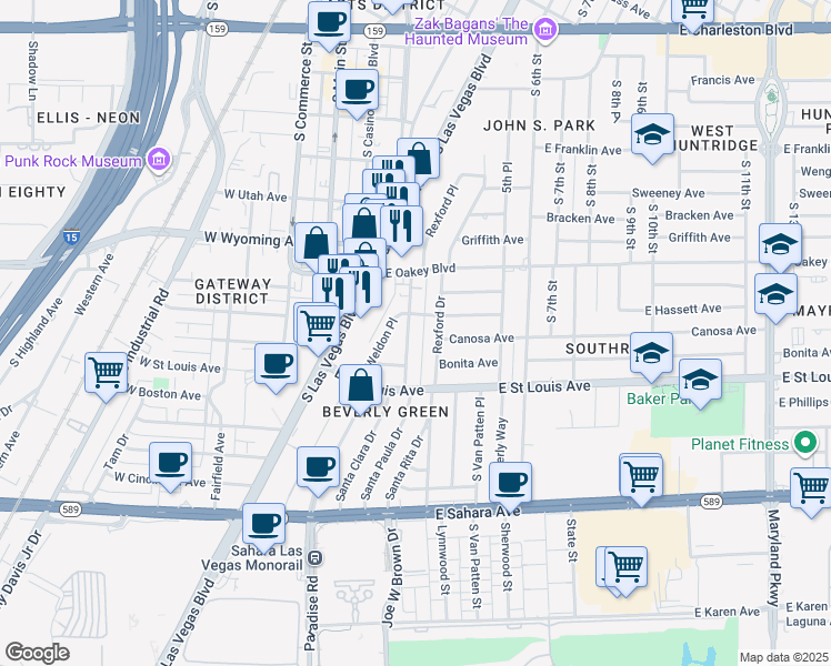 map of restaurants, bars, coffee shops, grocery stores, and more near 1727 Santa Paula Drive in Las Vegas