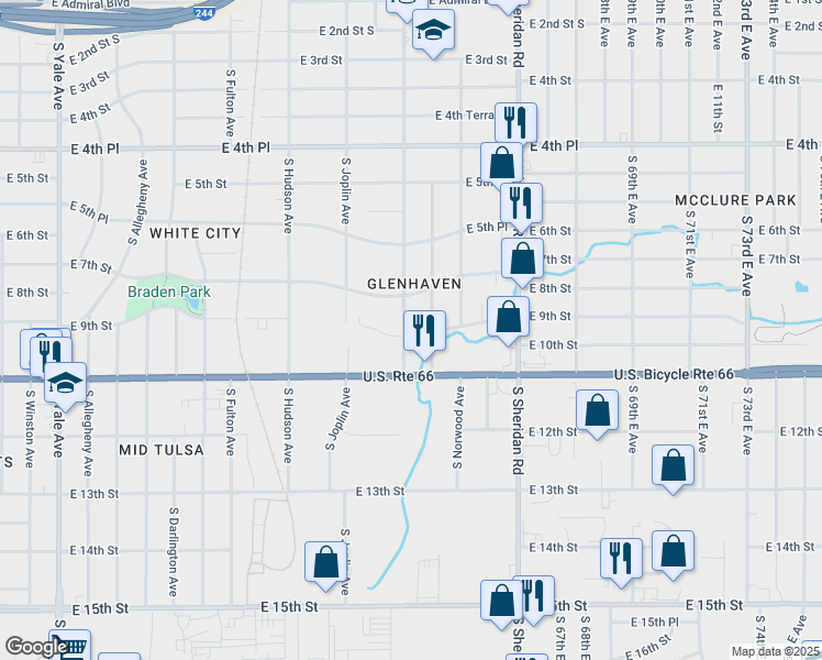 map of restaurants, bars, coffee shops, grocery stores, and more near 731 South Lakewood Avenue in Tulsa