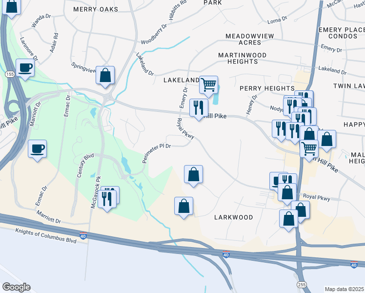 map of restaurants, bars, coffee shops, grocery stores, and more near 2505 Perimeter Place Drive in Nashville