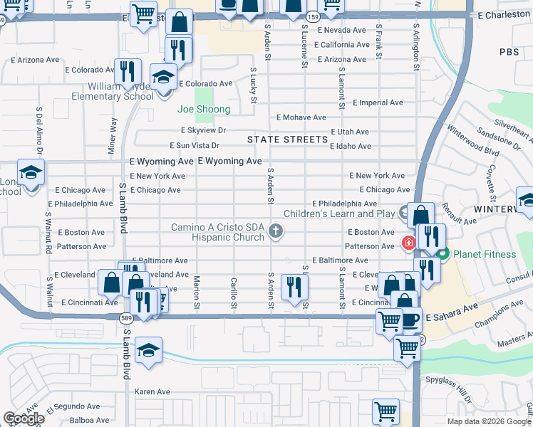 map of restaurants, bars, coffee shops, grocery stores, and more near 4590 East Saint Louis Avenue in Las Vegas