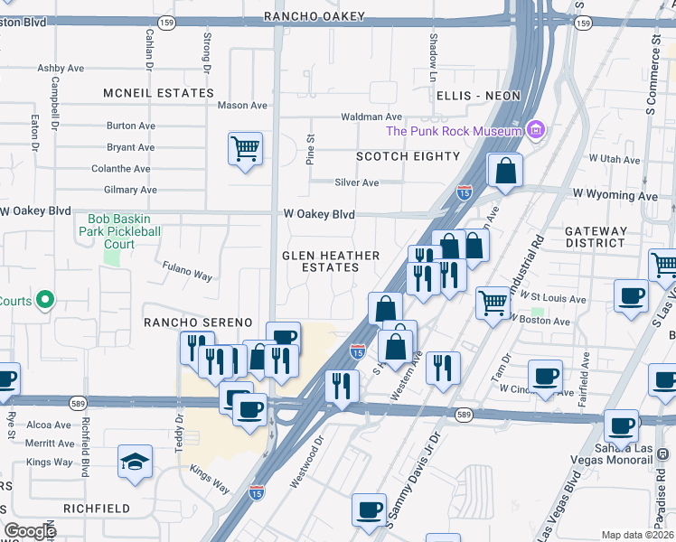 map of restaurants, bars, coffee shops, grocery stores, and more near 1512 Inverness Avenue in Las Vegas